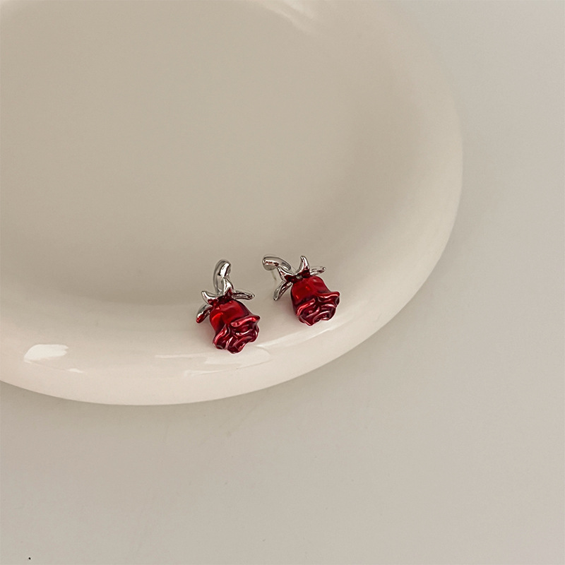 Silver Needle Rose Flower Stud Earrings