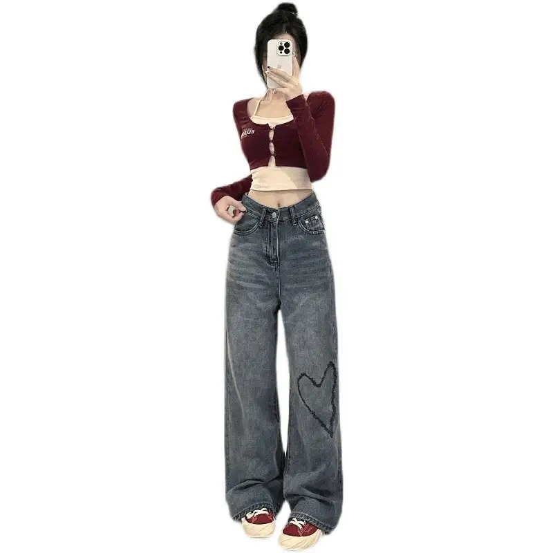 Love Embroidered Wide-leg Simple Casual Jeans
