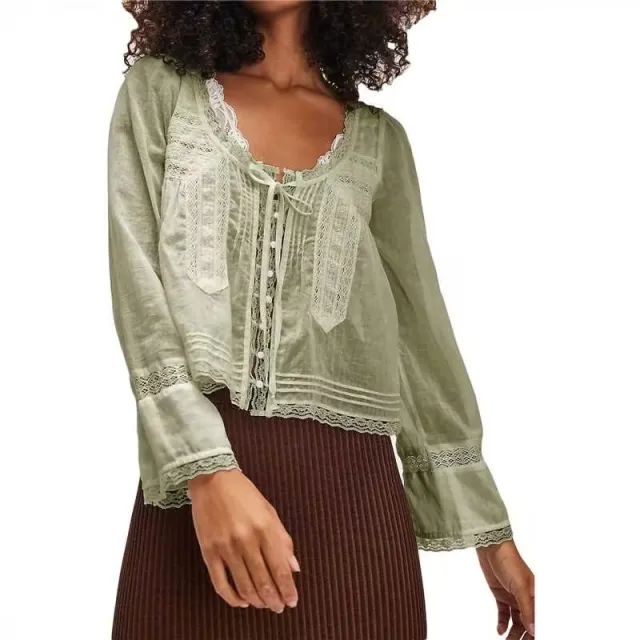 Lace U shaped Lace Collar Long Sleeve Light Shirt Khaki - Shop at LoveMi