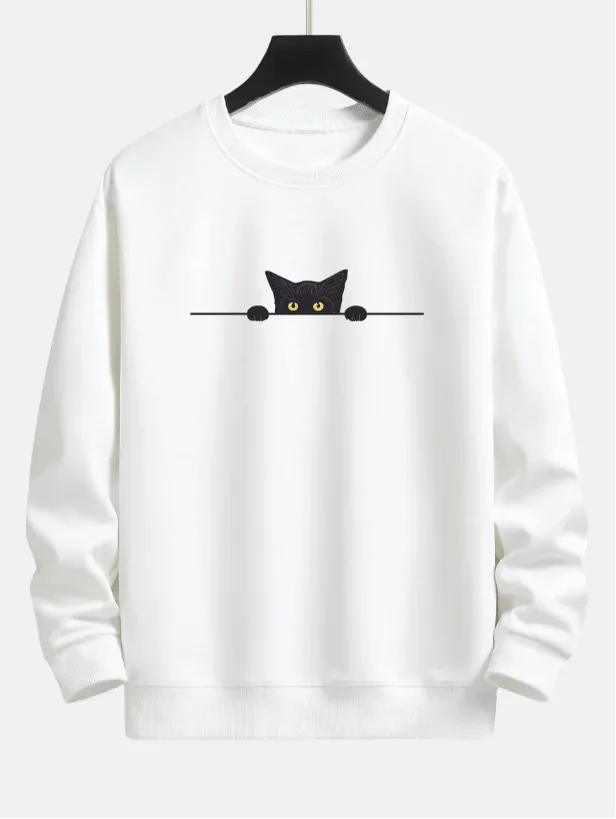 Creative Cat Print Cute Cat Round Neck Sweater White - Shop at LoveMi