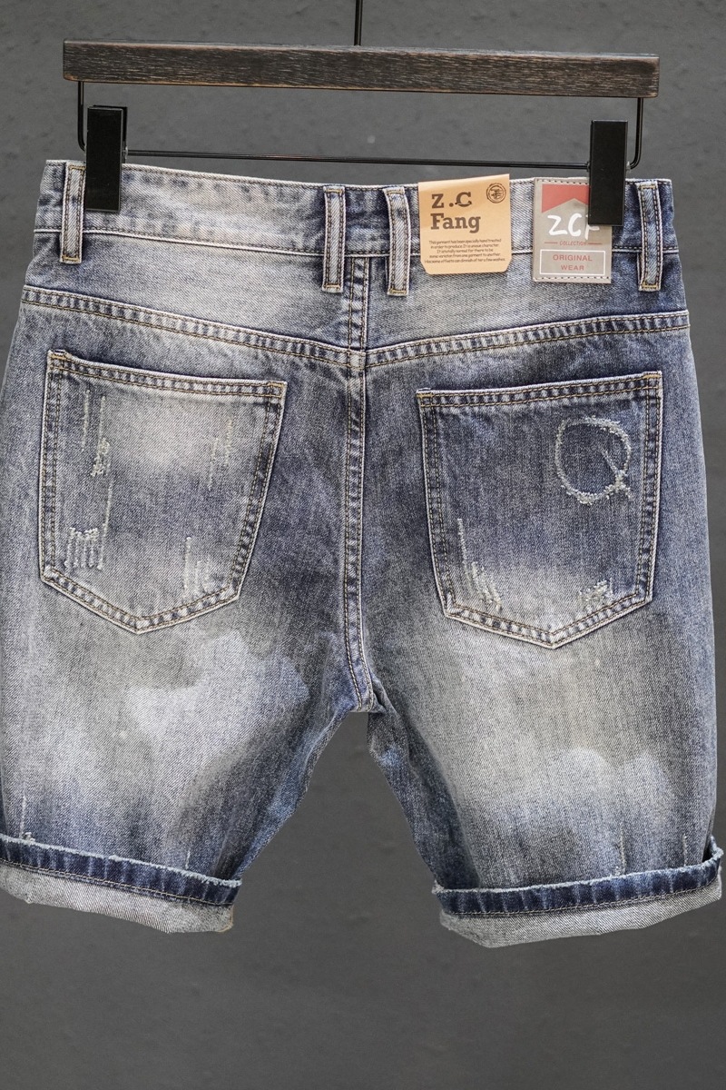 Retro Ripped Denim Mens Trendy Cropped Pants With Fuzzy Hems