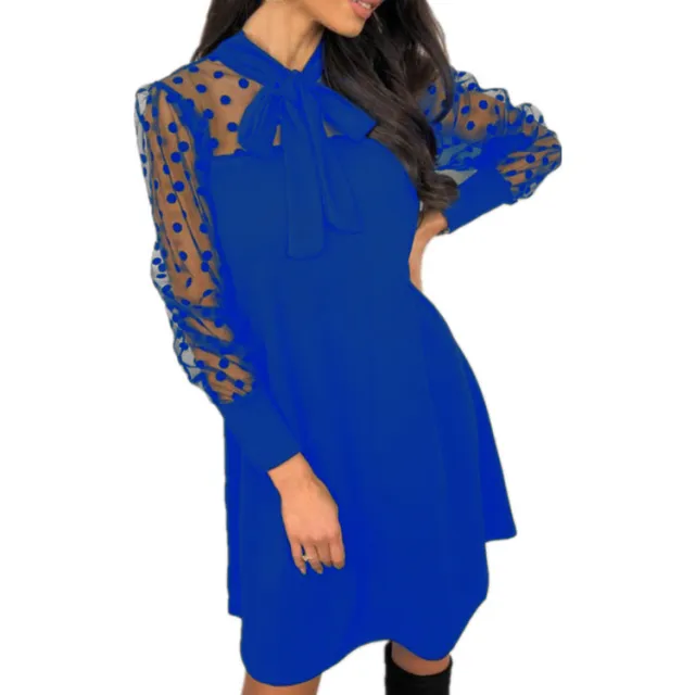 Lace up Pullover Bow Pure Color Mesh Long Sleeve Dress Blue - Shop at LoveMi
