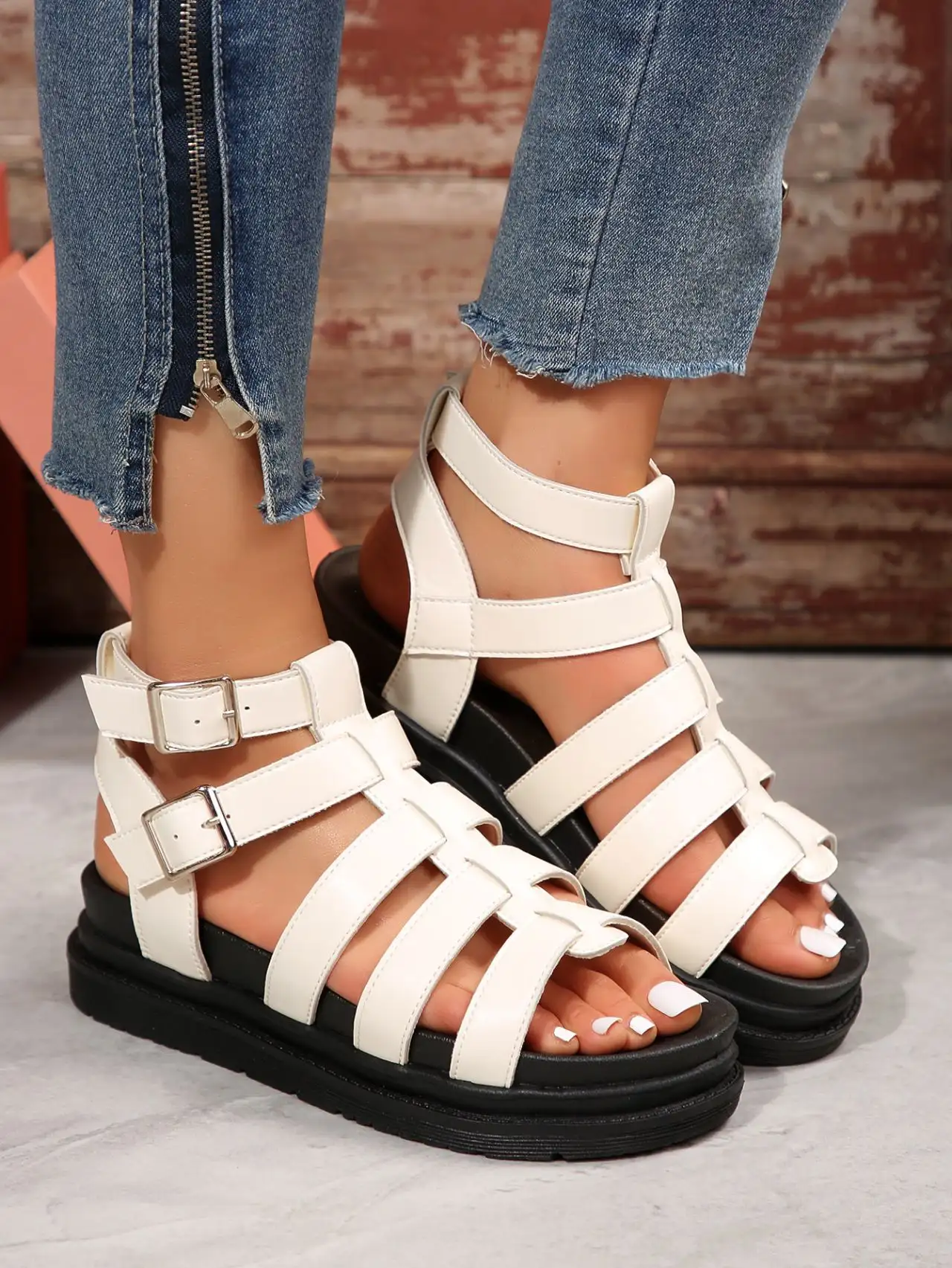 Hollow-out Belt Buckle Platform Pig Cage Sandals Women's Foreign Trade Roman Shoes