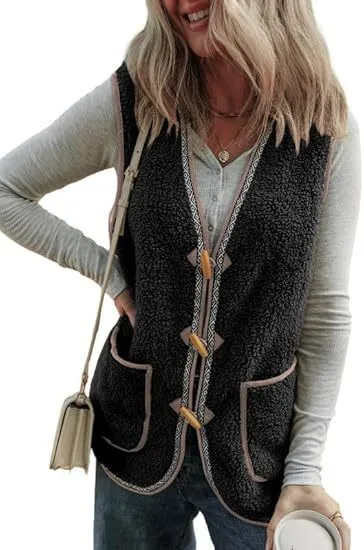Women's Casual Contrast Color Sleeveless Cardigan Outerwear Plush Vest Black 1 - Shop at LoveMi