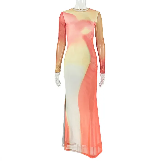 Round neck Long sleeve Pleated Dress Evening Gown For Women Orange Yellow - Shop at LoveMi