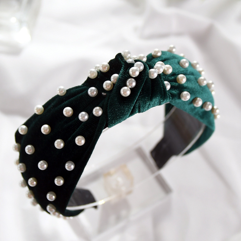 Nail Pearl Velvet Knot Hair Hoop Dark Green - Shop at LoveMi