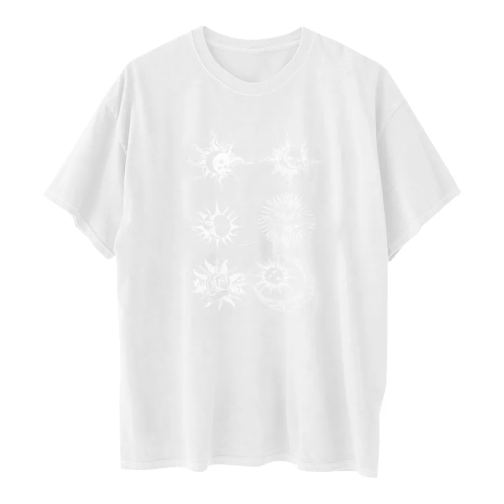 Printed Round Neck Short Sleeve Sun Moon Sun Moon Printed Top Women's T-shirt - A White