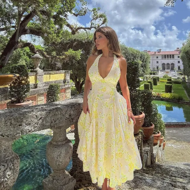 Floral Print Halter A Line Dress Women Yellow - Shop at LoveMi