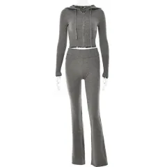 Knitted Hooded Suits Women's High Waist Long Sleeves Trousers Two-piece Set - Grey Suit - View 1