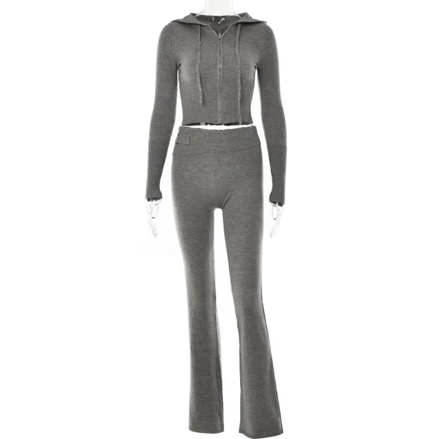 Knitted Hooded Suits Women's High Waist Long Sleeves Trousers Two piece Set Gray Suit - Shop at LoveMi