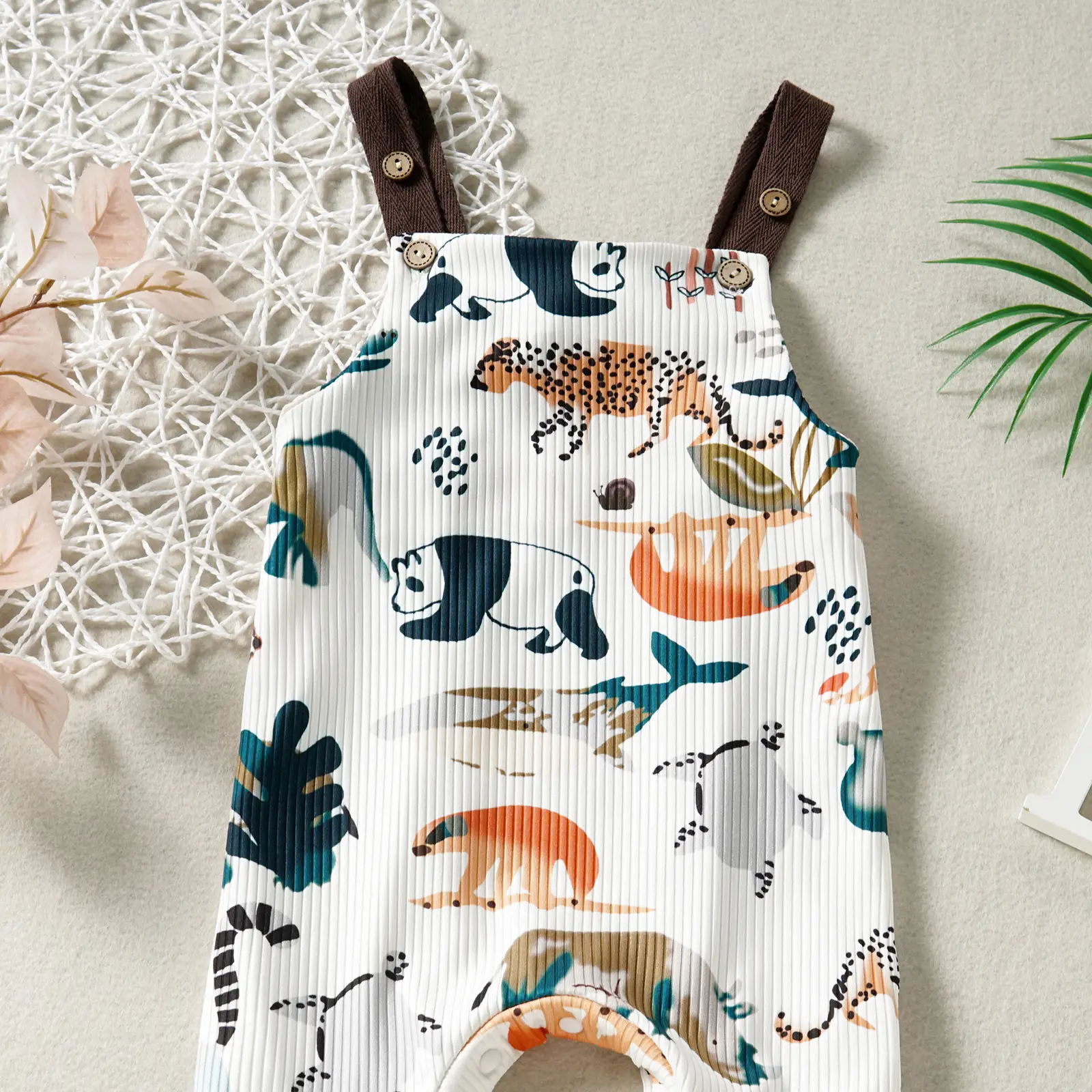 Baby Cotton Sunken Stripe Printed Animal Sling Jumpsuit