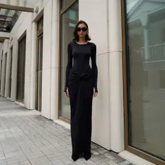 Autumn And Winter Women's Solid Color Sexy Waist Trimming Long Dress Suit - Black - View 1