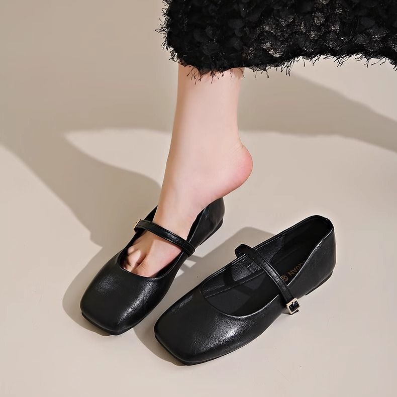 French-style Square-toe Low-cut Pumps Evening-wear Soft-soled Mary Jane Leather Shoes