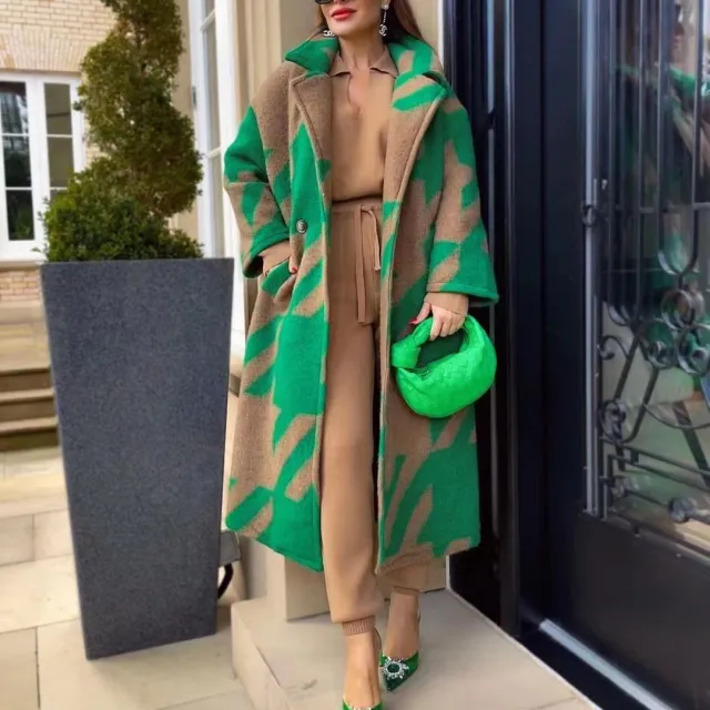 Women's Color Matching Fashion Long Sleeve Turn down Collar Coat Green Card Color - Shop at LoveMi