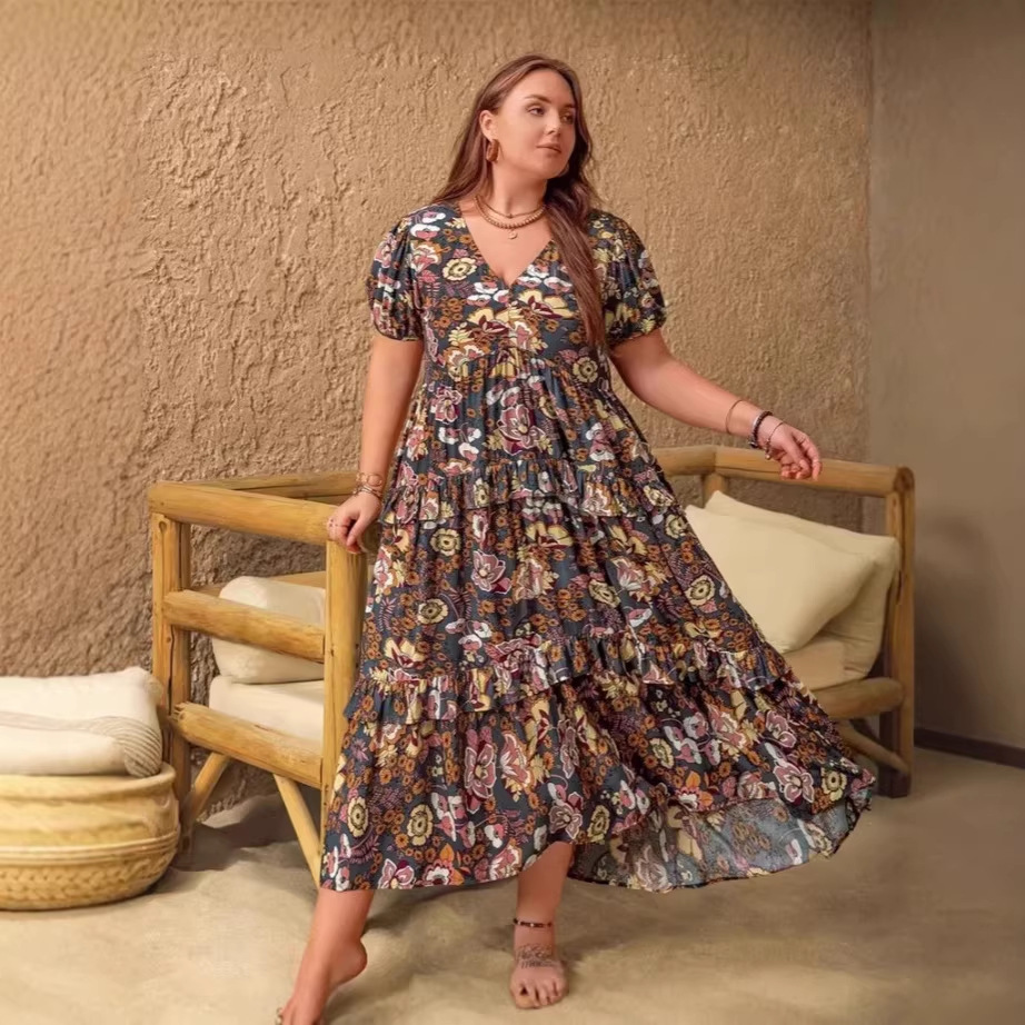 Womens Plus-Size Bohemian V-Neck Printed Short-Sleeve Dress