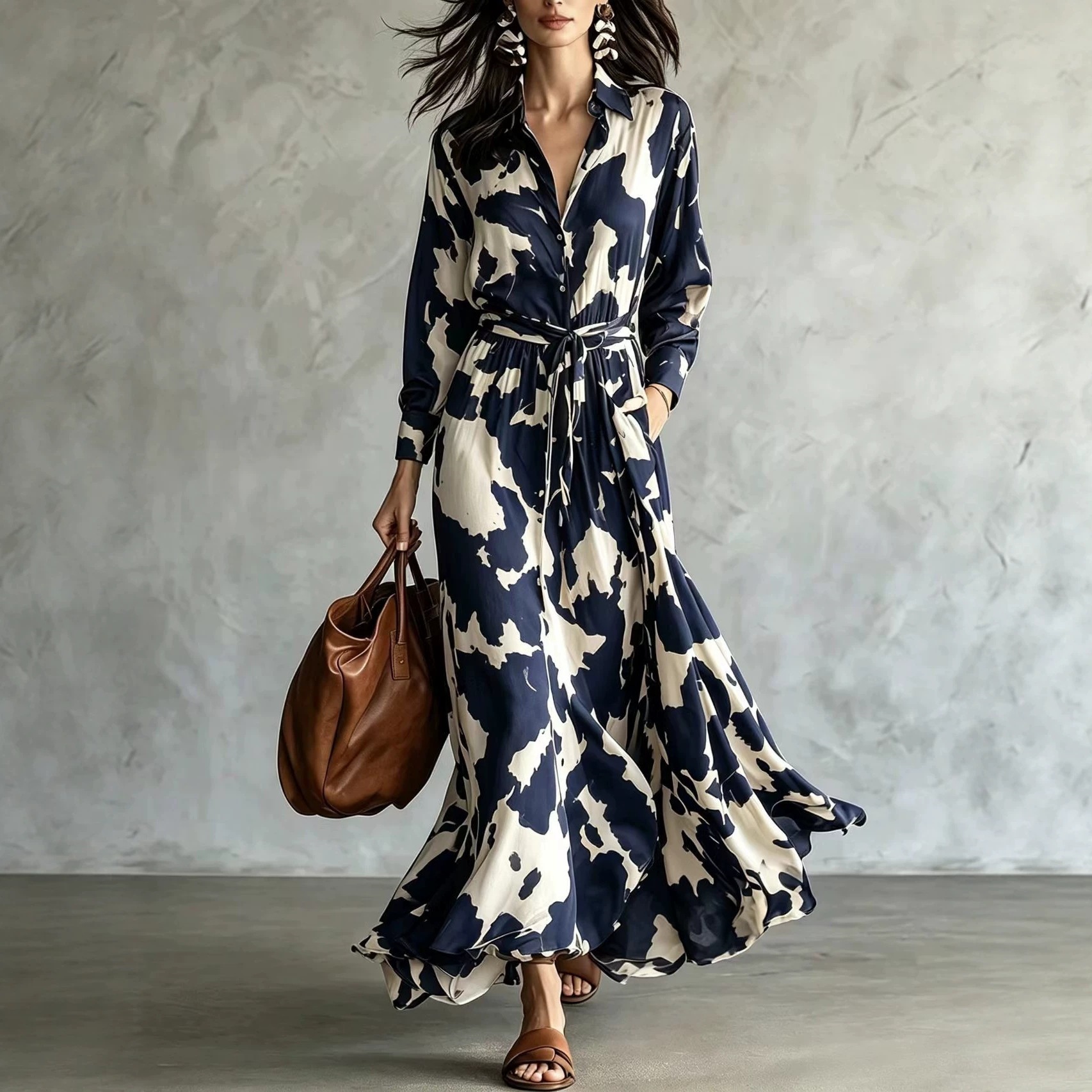Cow Patterned Long Sleeved Shirt With Waist Cinching And Large Swing Long Dress For Women