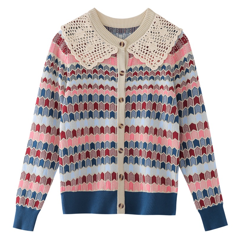 Fashion Peter Pan Collar Retro Contrast Color Check Knitted Cardigan Top