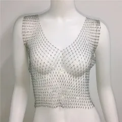Short Round Neck Fishnet Rhinestone Sleeveless Bottoming Shirt Blouse For Women - Silver V Neck - View 1