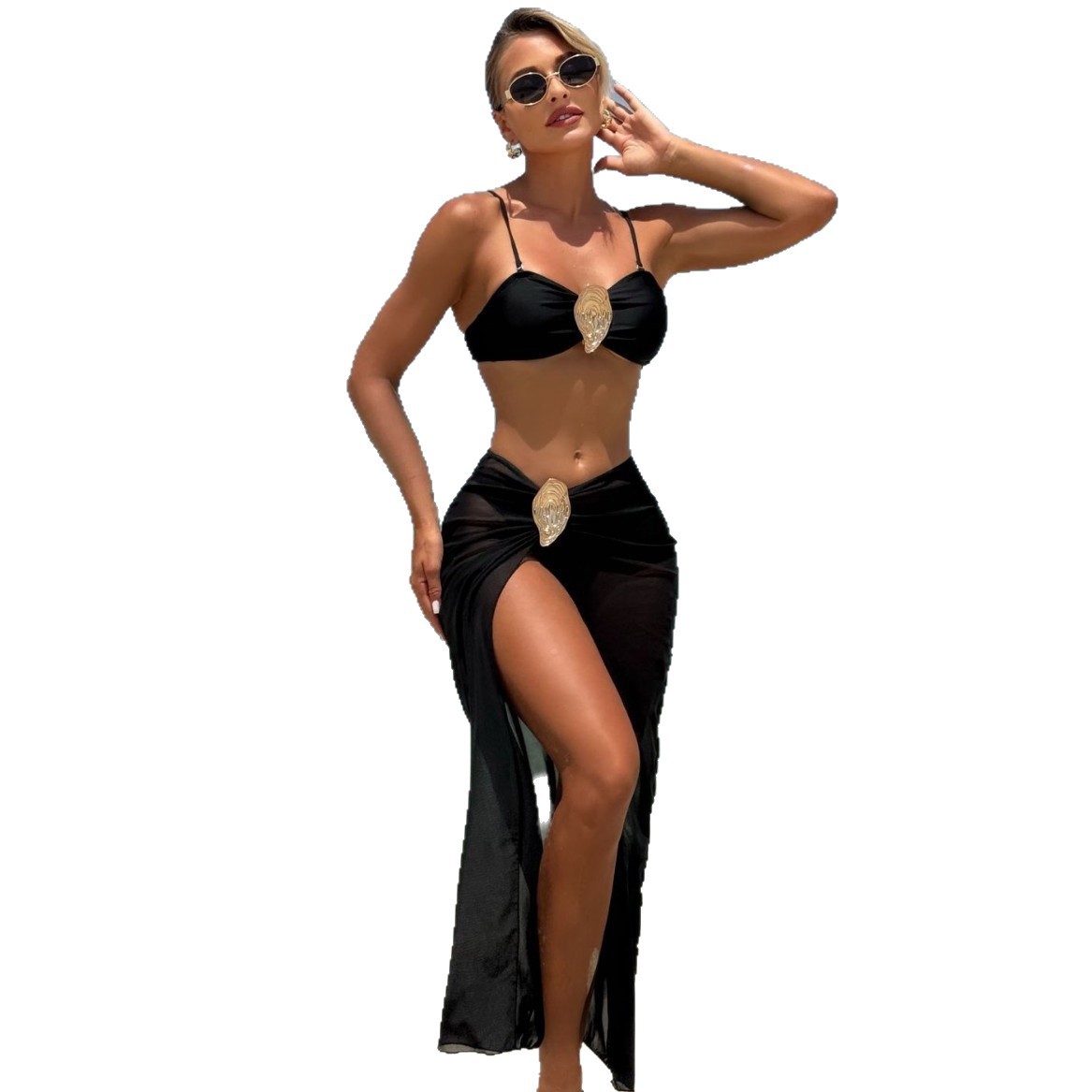 Solid-color Metallic Bandeau Swimsuit Bikini Set