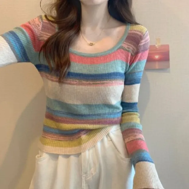 Spicy Style Square Collar Niche Contrast Color Stripes Blue Collar - Shop at LoveMi