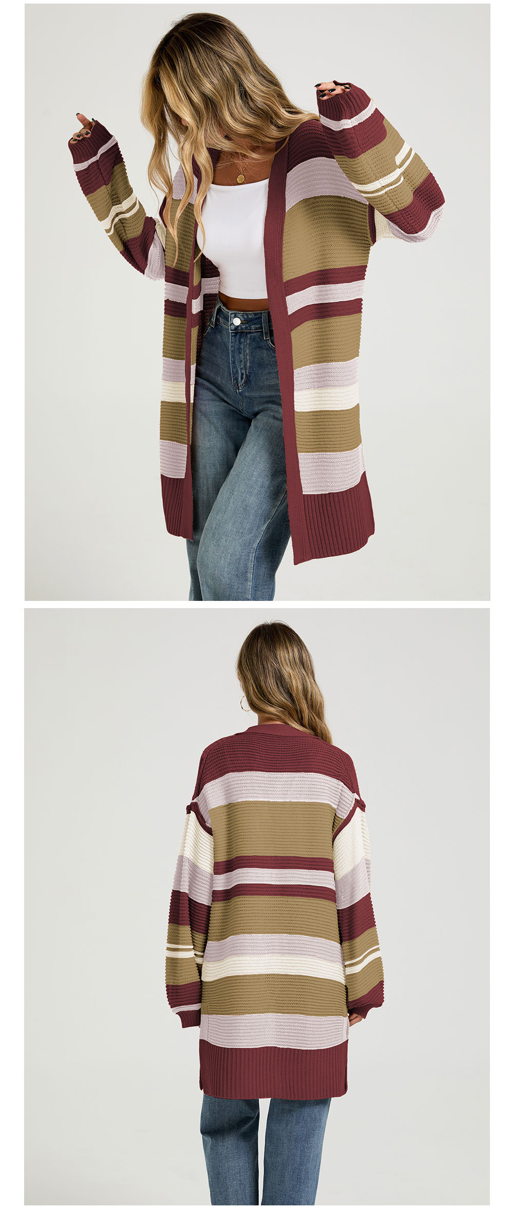 Women's open-front knit cardigan coat detail view