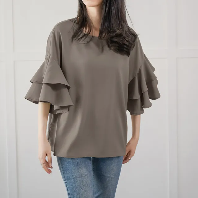 Women's Double layer Ruffle Sleeve Round Neck Shirt Camel - Shop at LoveMi