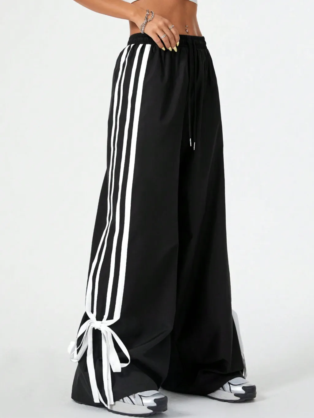 High Waist Wide Leg Pants Women's Spring Summer New Style Three Bars Drawstring Cuffed Straight Casual Extended Sports Trousers - Black
