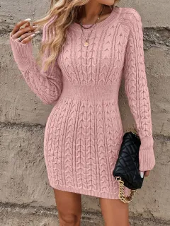 Women's Fashion Pullover Round Neck Twist Thread Knitted Dress - Pink - View 1