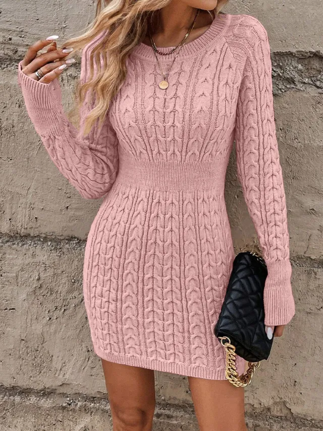 Women's Fashion Pullover Round Neck Twist Thread Knitted Dress Pink - Shop at LoveMi