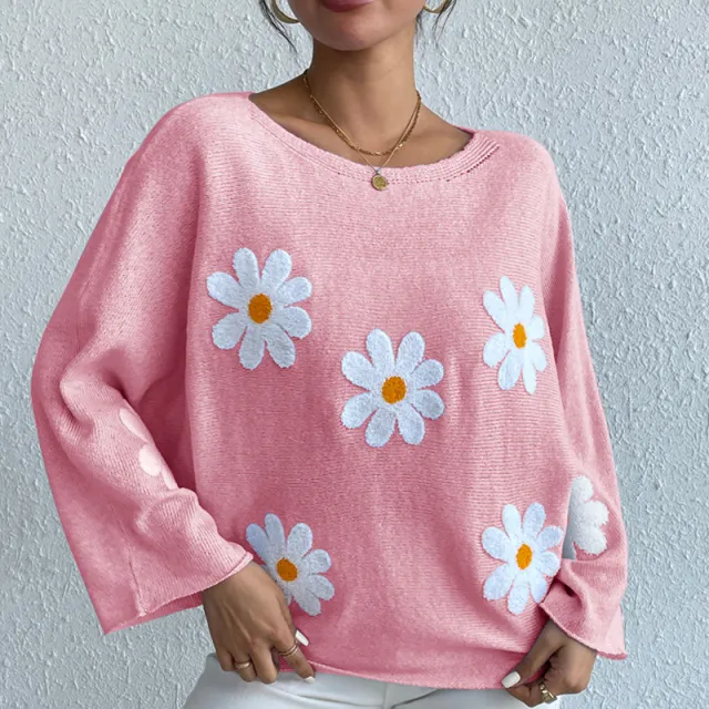 Sweet Flowers Loose Knitted Sweater For Women Pink - Shop at LoveMi