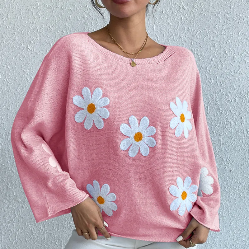 Sweet Flowers Loose Knitted Sweater For Women - Pink