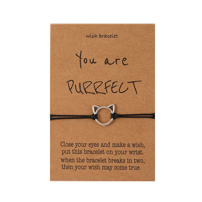 Cute Alloy Cat Head Handmade Wax Line Woven Hand Strap - Black