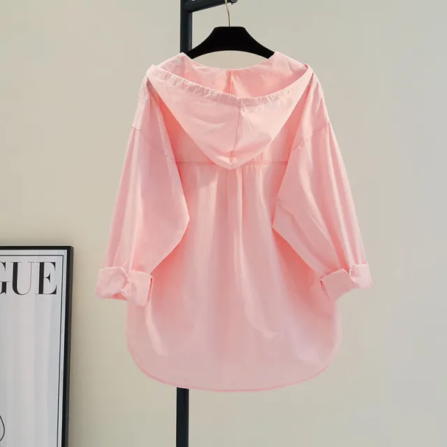 Hooded Pure Cotton Shirt Thin Women's Casual Sun proof Coat Pink - Shop at LoveMi