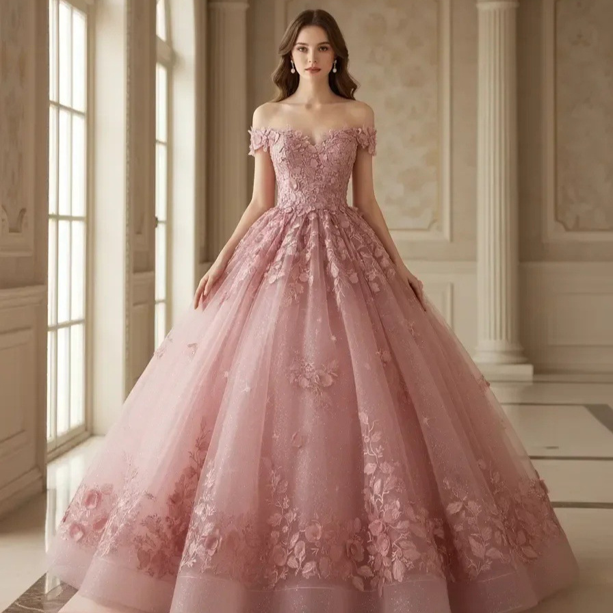 Short-Sleeve Long Evening Dress