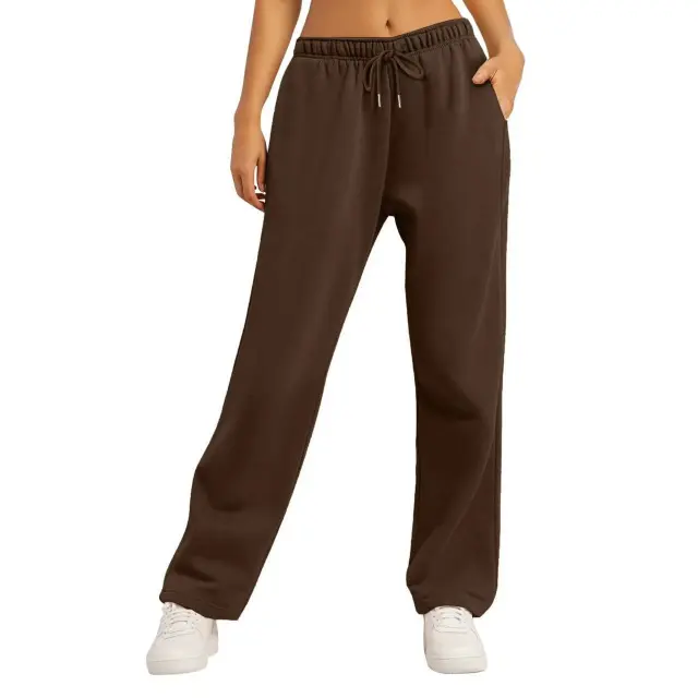 Same Style Solid Color Casual Loose Fleece lined Trousers Brown - Shop at LoveMi