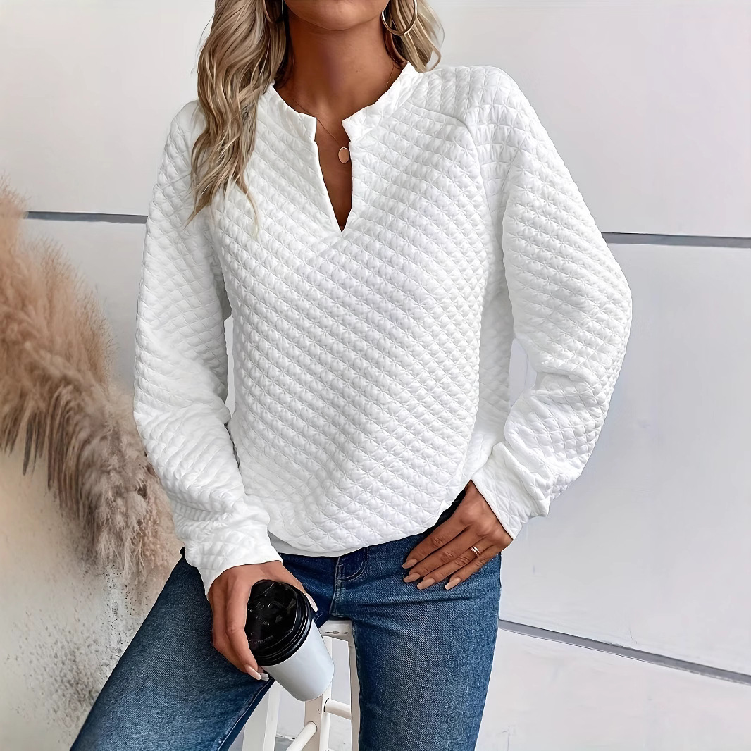 Womens Solid-Color Deep V-Neck Spliced Long-Sleeve Top