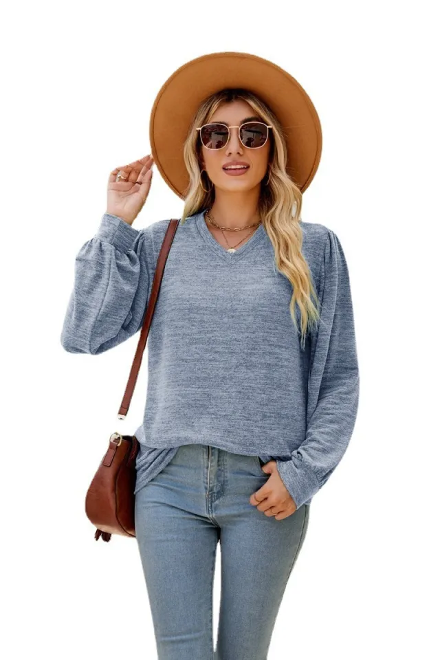 Loose Casual Puff Sleeve V neck Long Sleeve Top Women Blue - Shop at LoveMi