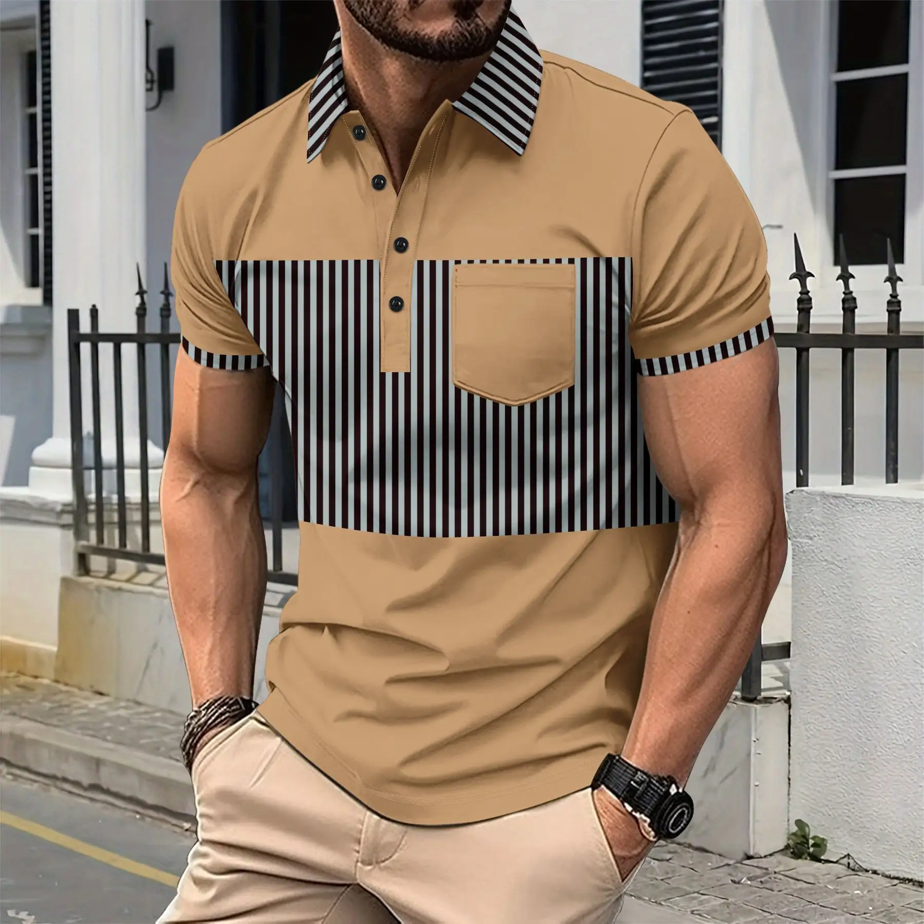 Men's Casual Placket Polo Collar Stripes Color