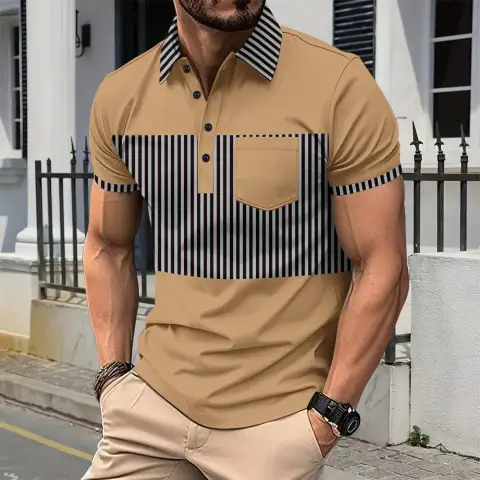 Men's Casual Placket Polo Collar Stripes Color Matching Stitching