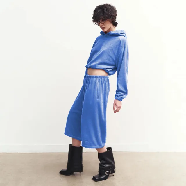 Womens Hooded Long Sleeve Top And Elastic Waist Shorts Set Blue - Shop at LoveMi