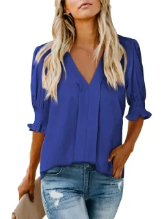 V-neck Short Sleeve Loose Comfortable Fashion Summer Solid Color Small Shirt European And American Style - Sapphire Blue - View 1