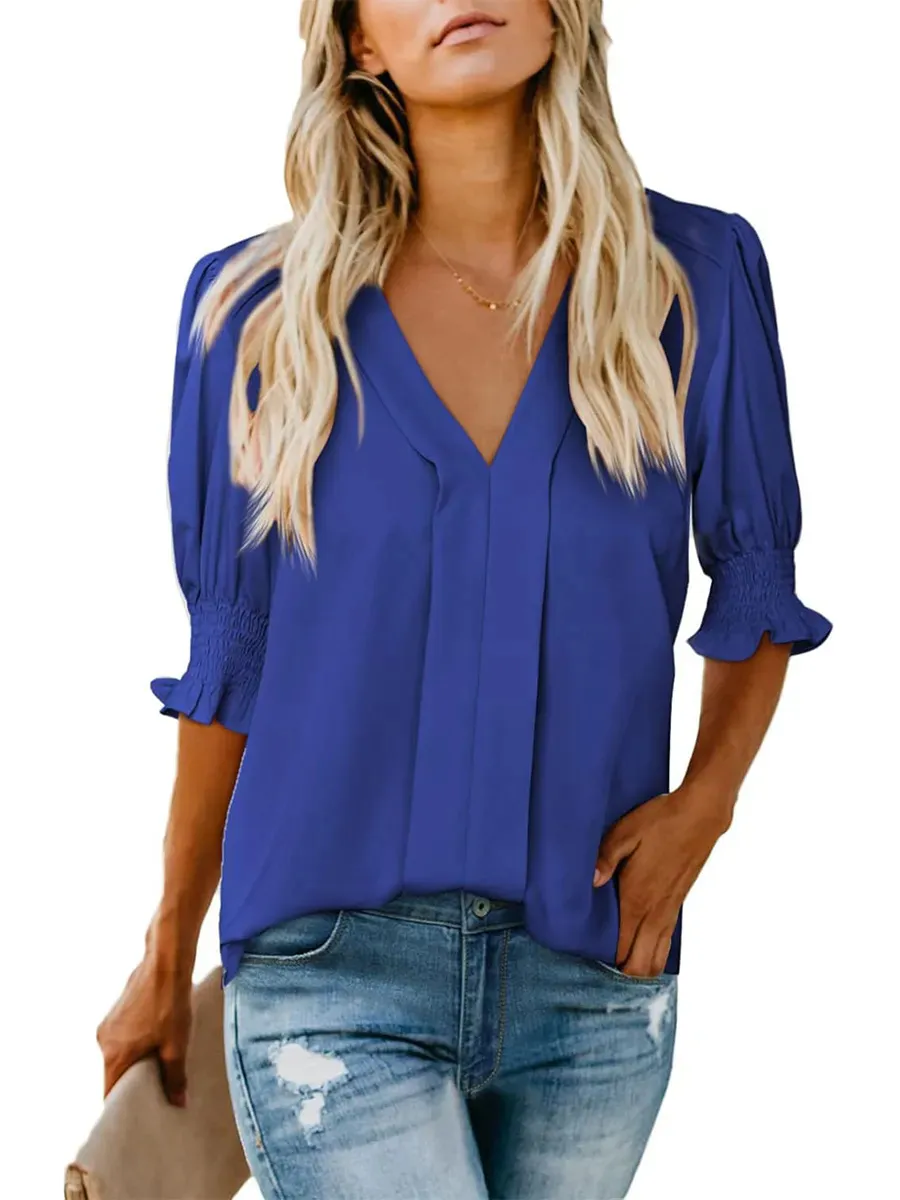 V-neck Short Sleeve Loose Comfortable Fashion Summer Solid Color Small Shirt European And American Style - Sapphire Blue