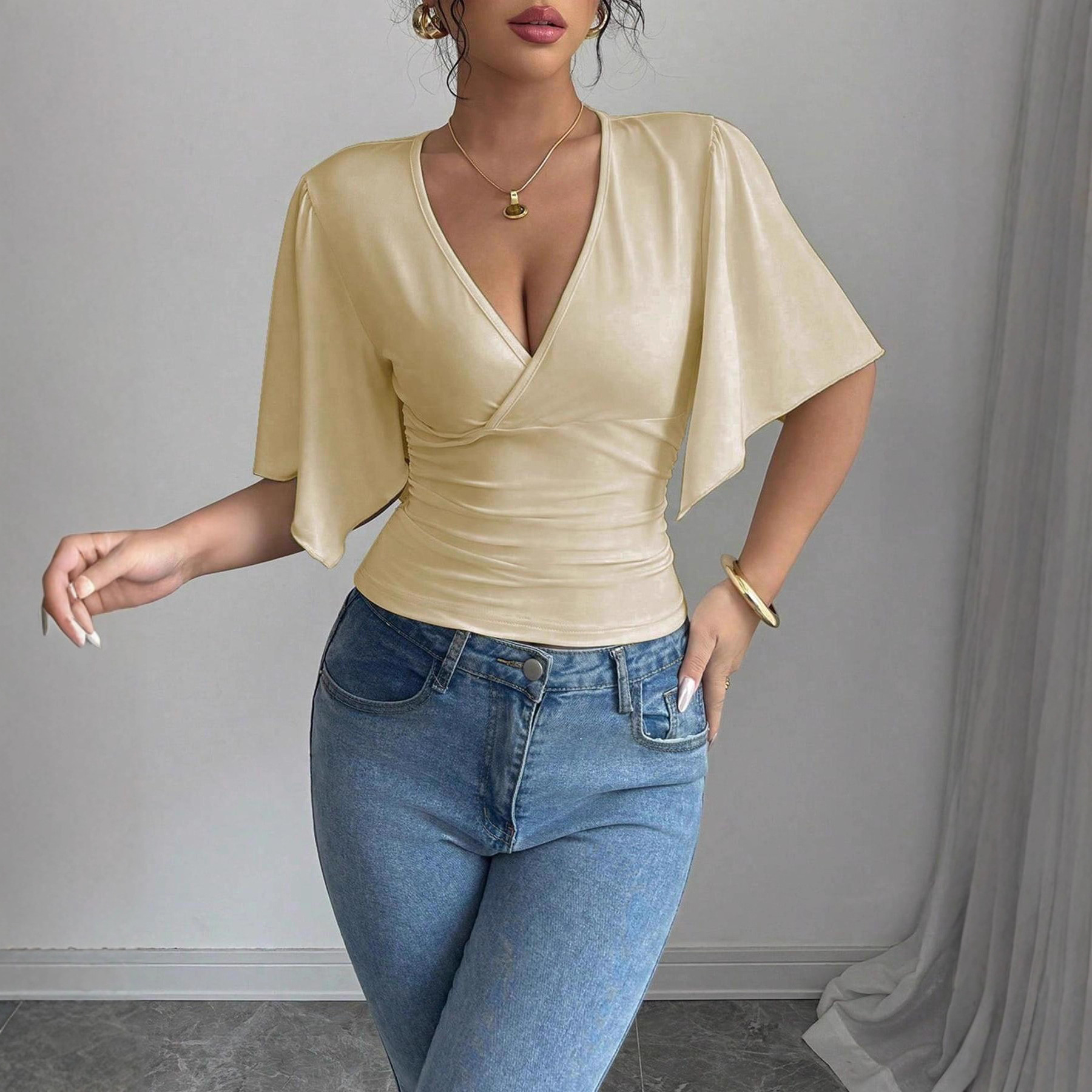 Womens Irregular-fit Slim Solid-color Casual Top