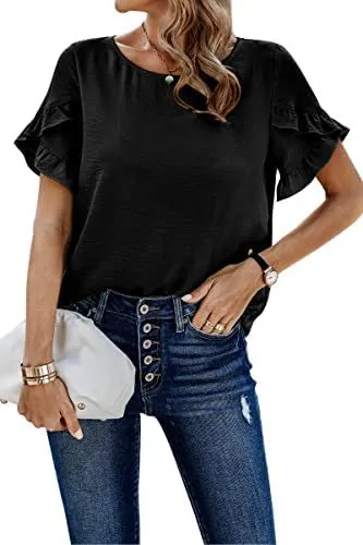 Casual Pleated Short Sleeves Summer Loose Shirt Solid Color Round Neck Shirt Waist Top Black - Shop at LoveMi