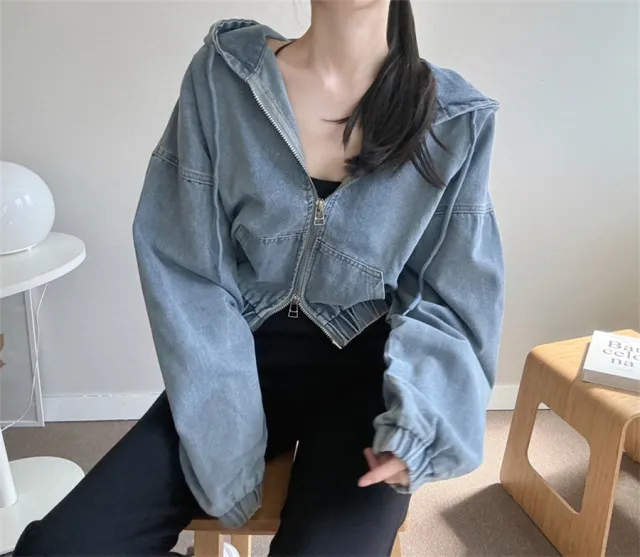 Casual Cool Girl Retro Hooded Drawstring Windproof Denim Jacket Coat Blue - Shop at LoveMi