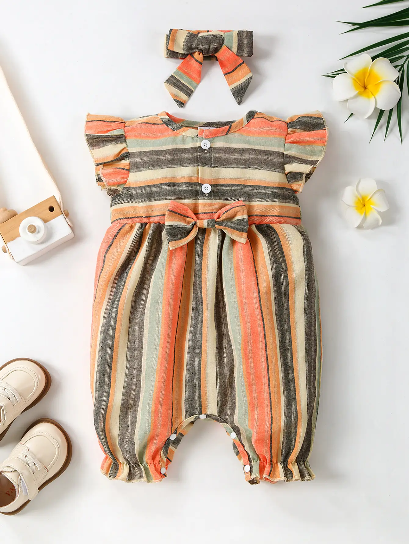 Flounced Sleeve Bow One-piece Romper Crawling Suit Same Style Fashion Hair Band