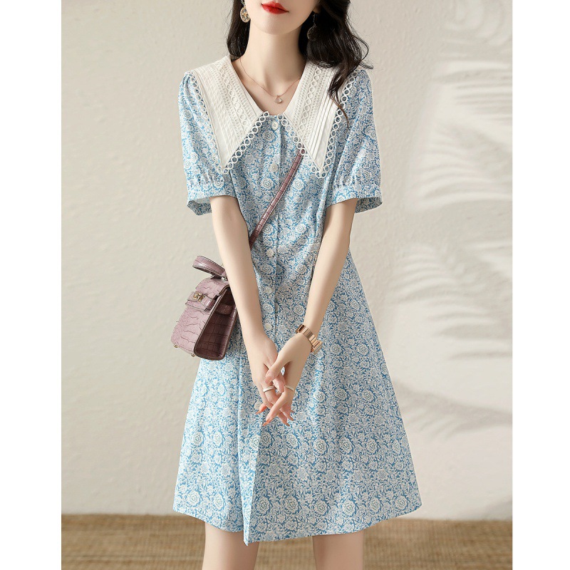 Summer New Fashion Temperament Waist-controlled Slimming Lapel Puff Sleeve Dress
