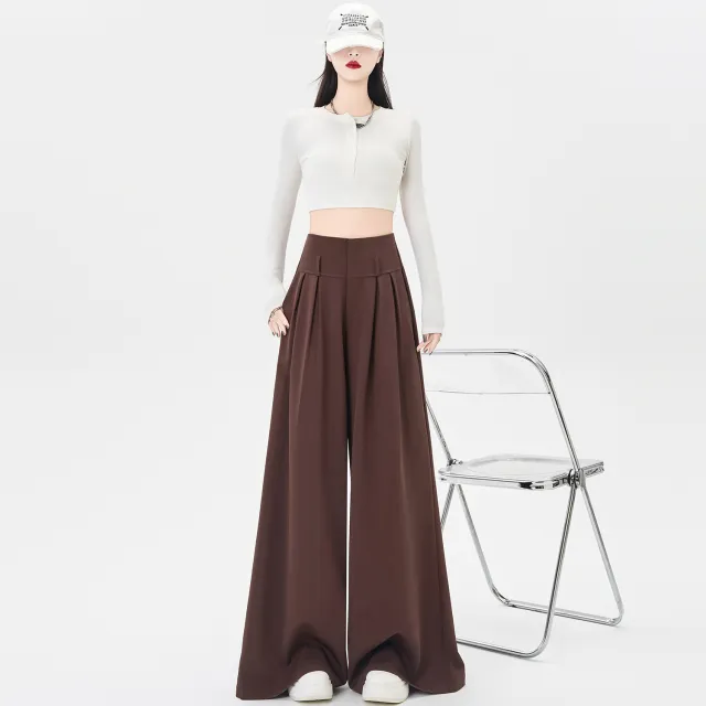Design Sense Straight High Waist Slimming Draping Effect Casual Mopping Pants Brown - Shop at LoveMi
