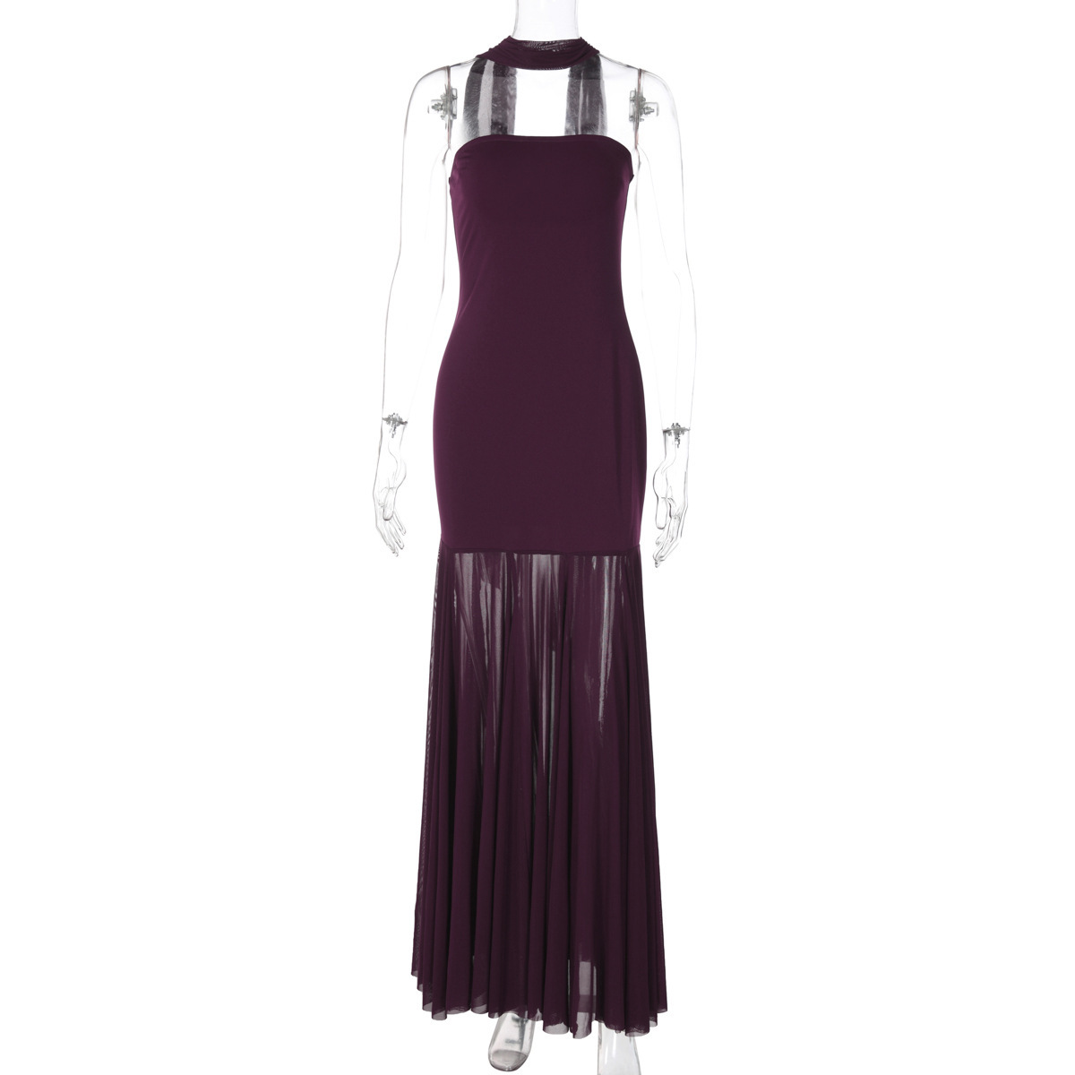Mesh Spliced Strapless Evening Dress Long Gown Wine Burgundy - Shop at LoveMi