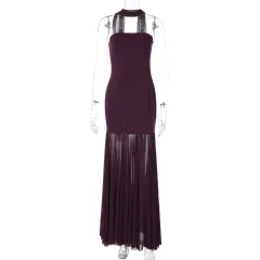 Mesh Spliced Strapless Evening Dress Long Gown - Wine - View 1